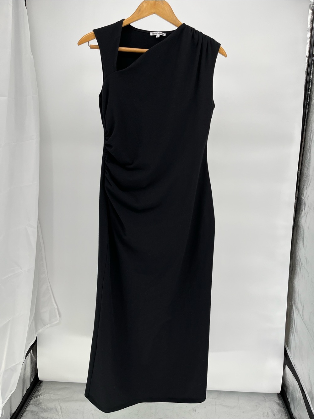 Reformation Black One Shoulder Ruched Maxi Dress Size Large Sustainable Bodycon - Picture 2 of 11